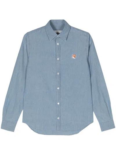 Maison Kitsuné Fox Head-patch Cotton Shirt In Blue