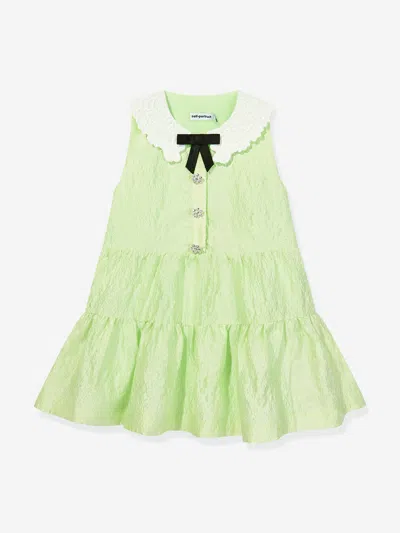 Self-portrait Kids' Girl's Tiered Lace Collar Cotton Dress In Green