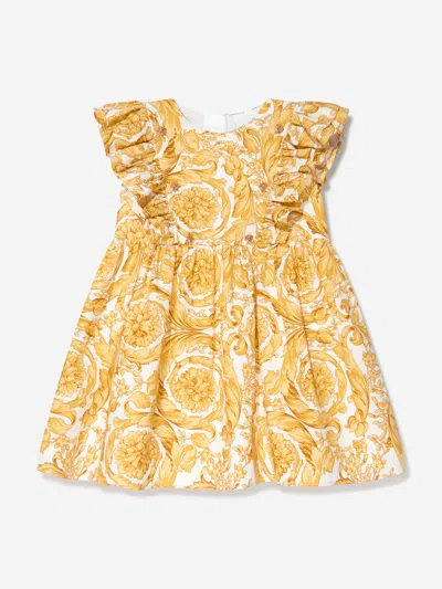 Versace Babies' Girls Gold Barocco Print Cotton Dress In White