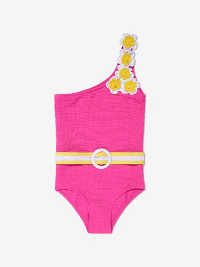 Nessi Byrd Kids' Crinkled One-shoulder Swimsuit In Pink