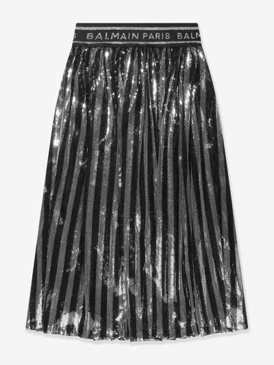 Balmain Kids' Black Sequin-embellished Pleated Skirt In Silver