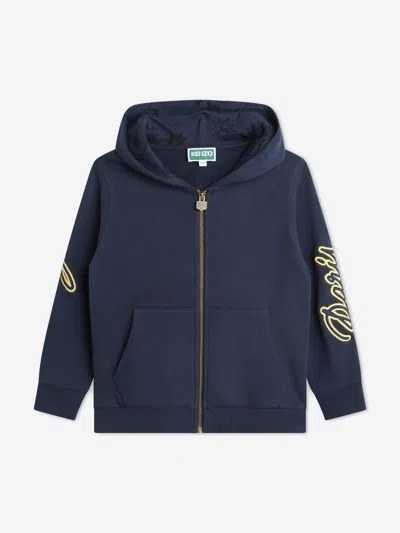 Kenzo Kids' Logo-embroidered Zip-fastening Cotton Hoodie In Blue