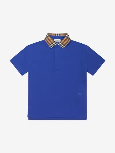Burberry Kids' Piqué Cotton Polo Shirt With Check Collar And Button Closure In Blue