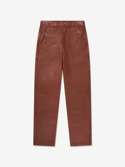 Chloé Kids' Motif-embroidered Leather Trousers In Brown