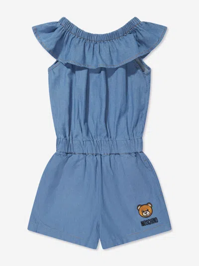 Moschino Kids' Girls Chambray Teddy Playsuit In Blue
