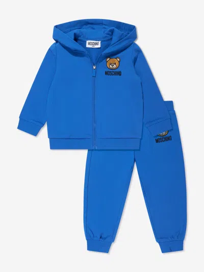 Moschino Babies' Teddy Bear Embroidered Cotton Tracksuit Set In Blue