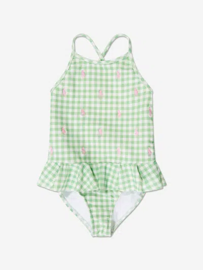 Ralph Lauren Kids' Gingham-print Ruffled Swimsuit In Green