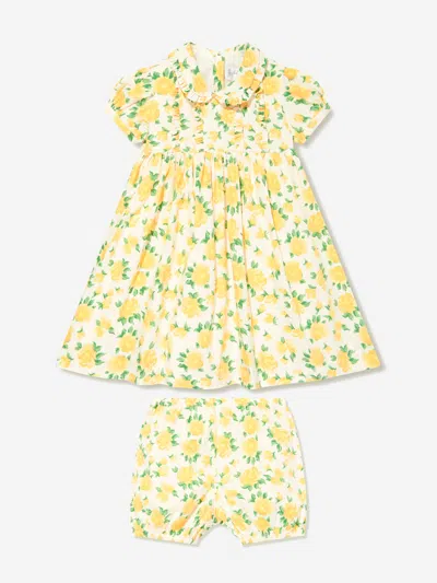 Rachel Riley Babies' Marigold-print Cotton Dress Set In Yellow