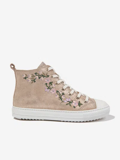 Pom D'api Kids' Floral-embroidery Leather Trainers In Gold