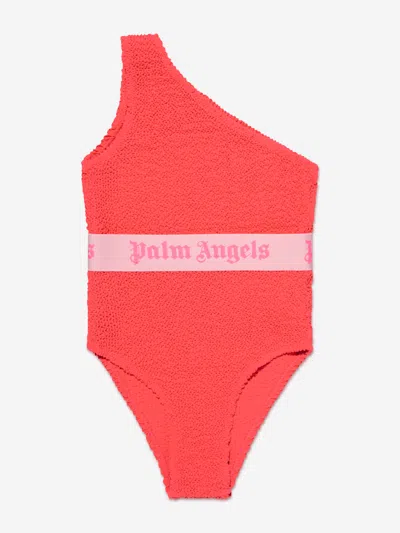 Palm Angels Kids' Logo-tape One-shoulder Swimsuit In Pink