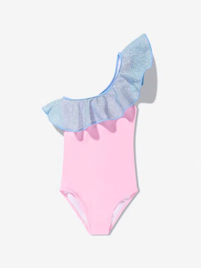 Nessi Byrd Kids' Ruffled One-shouder Swimswuit In Pink