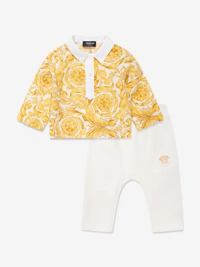 Versace Babies' Barocco-print Polo And Trousers Set In White