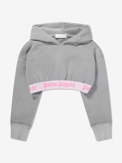 Palm Angels Kids' Logo-band Cropped Hoodie In Grey