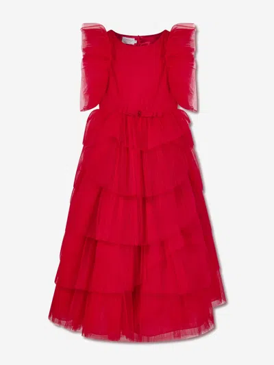Marchesa Kids' Girls Pleated Tulle Flounce Gown In Red