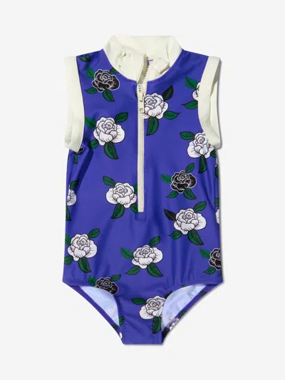 Mini Rodini Babies' Girls Rose Print Zip Up Swimsuit In Blue