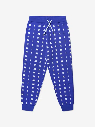 Marni Kids' All-over Logo Brushed Cotton Joggers In Blue