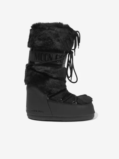 Moon Boot Kids Icon Faux Fur Snow Boots In Black