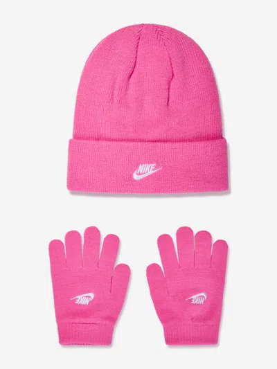 Nike Kids' Girls Futura Beanie Hat And Gloves Set In Pink