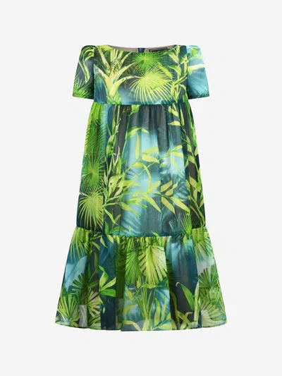 Versace Kids' Girls Silk Jungle Print Dress 8 Yrs Green