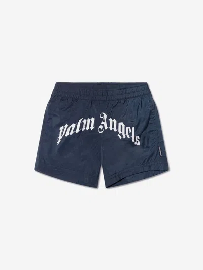 Palm Angels Kids' Boys Curved Logo Swim Shorts In Blue