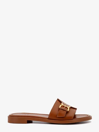 Chloé Marcie Leather Buckle Flat Sandals In Brown
