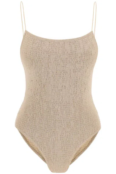 Totême Recycled Polyamide Smocked Swimsuit In Beige