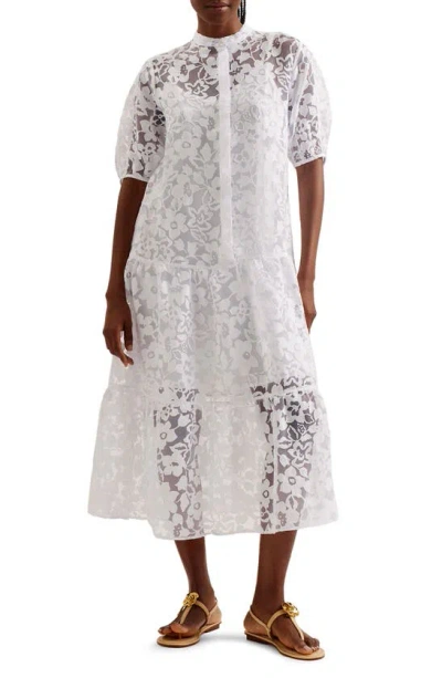 Ted Baker Womens White Claarey Floral-motif Tiered Woven Midi Dress