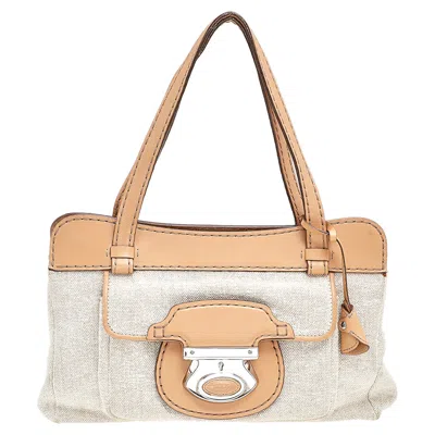 Tod's /brown Canvas And Leather Satchel In Beige