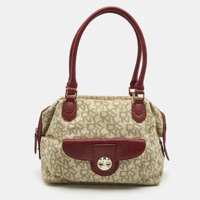 Dkny /beige Monogram Canvas And Leather Turnlock Pocket Satchel In Red