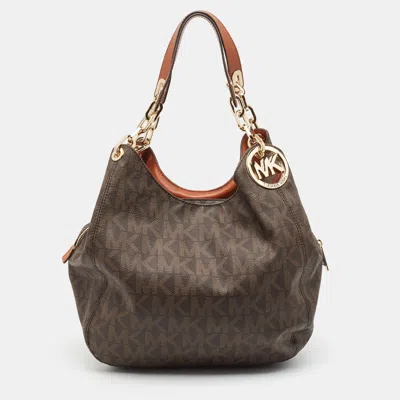 Michael Michael Kors Michael Kors Dark Signature Coated Canvas And Leather Fulton Hobo In Brown