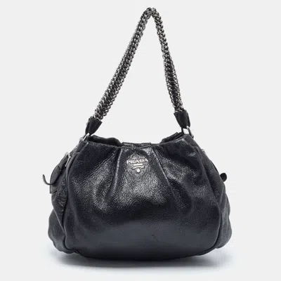 Prada Cervo Leather Chain Hobo In Black