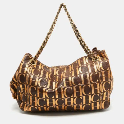 Ch Carolina Herrera /gold Monogram Embossed Leather Chain Hobo In Brown