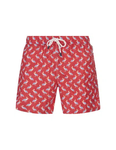 Fedeli Red Swim Shorts With Pelican Pattern