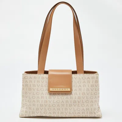 Bvlgari Signature Canvas And Leather Tote In Beige