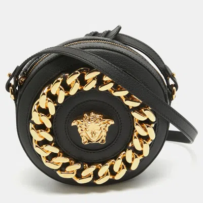 Versace Leather La Medusa Chain Round Crossbody Bag In Black