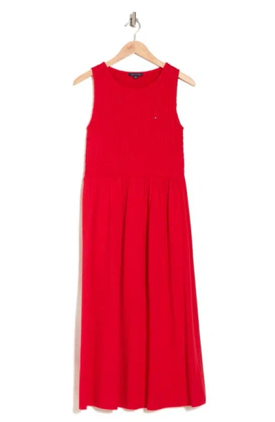 Tommy Hilfiger Women's Logo Solid-color Smocked Sleeveless Dress In Scarlet