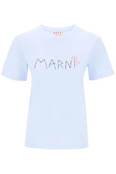 Marni Hand-embroidered Logo T-shirt In Blue