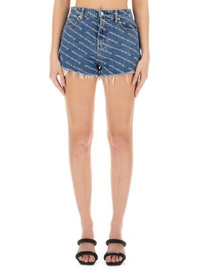 Alexander Wang T Alexander Wang Bite Logo-print Denim Shorts In Blue And White