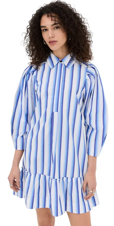 Ganni Stripe Cotton Mini Shirtdress In Silver Lake Blue