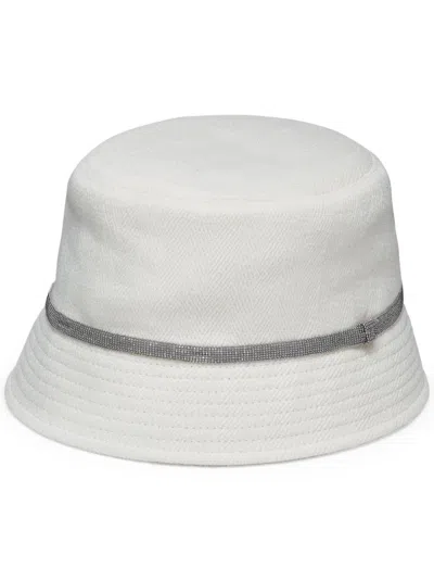 Brunello Cucinelli Linen And Cotton Bucket Hat With Shiny Details In White