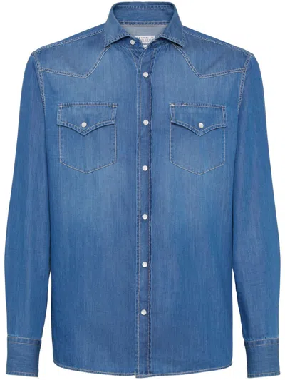 Brunello Cucinelli Denim Cotton Shirt In Blue