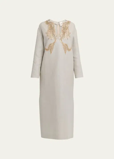 Valentino Crystal Embroidered Tunic Midi Dress In Beige Multi