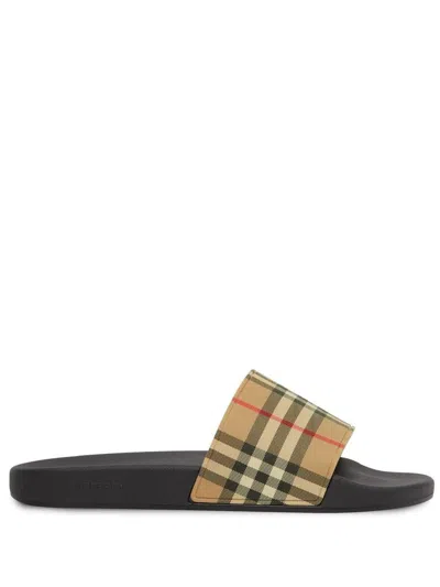 Burberry Check Motif Pool Slides In Beige