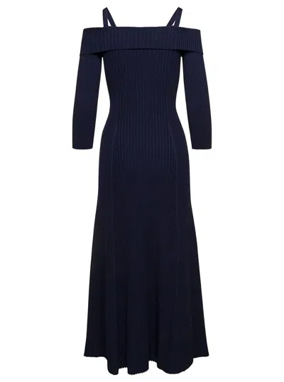 Ganni Maxi Blue Off Shoulder Dress With Flare Skirt In Ribbed Knit Woman