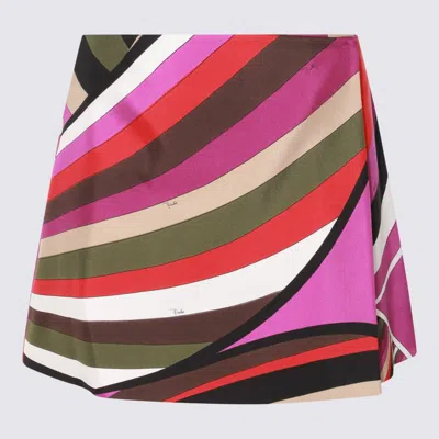 Pucci Multicolor Silk Skirt In Khaki/fuxia