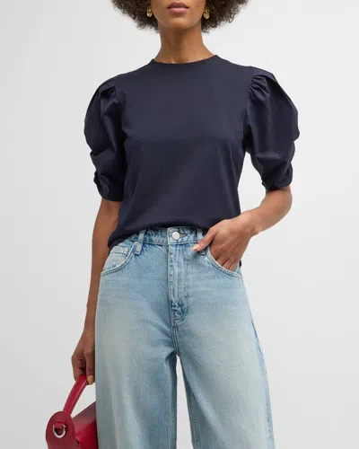 Frame Frankie Ruched Puff Sleeve Tee In Navy