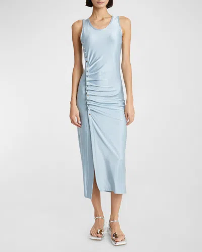 Rabanne Ruched Midi Dress With Button Detail In Faded Blue