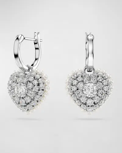 Swarovski Rhodium-plated Crystal & Imitation Pearl Heart Charm Hoop Earrings In Silver