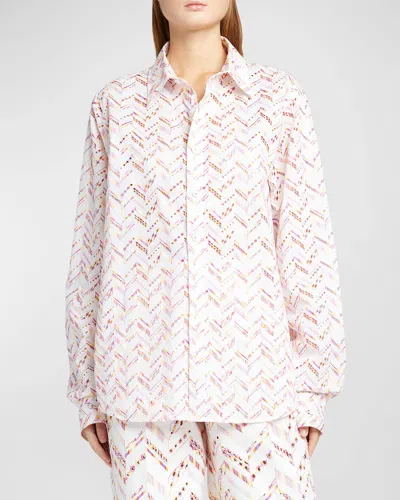 Missoni Chevron Broderie Anglaise Long-sleeve Collared Shirt In Zzpkylwprlwht