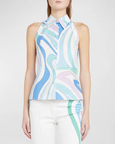 Emilio Pucci Swirl-print Sleeveless Button-front Shirt In Celestebianco